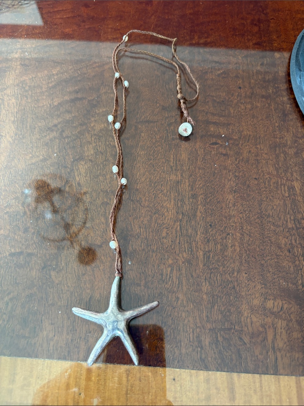 J. Jill Brown Cord Necklace with Silver Starfish Pendant and White Bead Accents